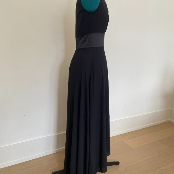 Black Tuxedo High Low Chiffon Dress with Slit & Sheer Plunging Neckline - Picture 5 of 11